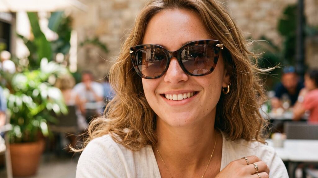 donna con occhiale da sole sorridente